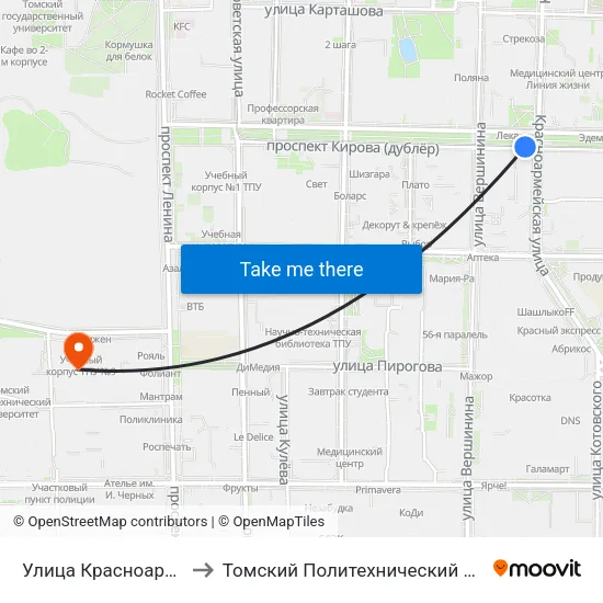 Улица Красноармейская to Томский Политехнический Университет map