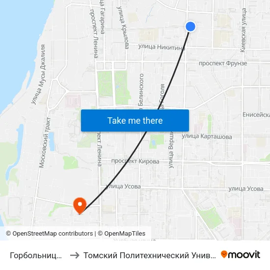 Горбольница №1 to Томский Политехнический Университет map