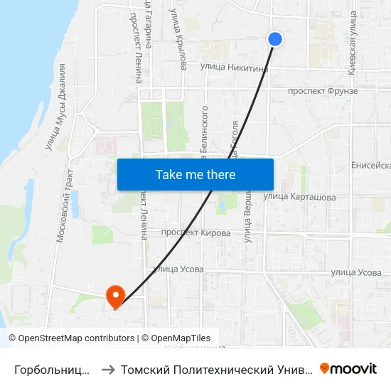 Горбольница №1 to Томский Политехнический Университет map