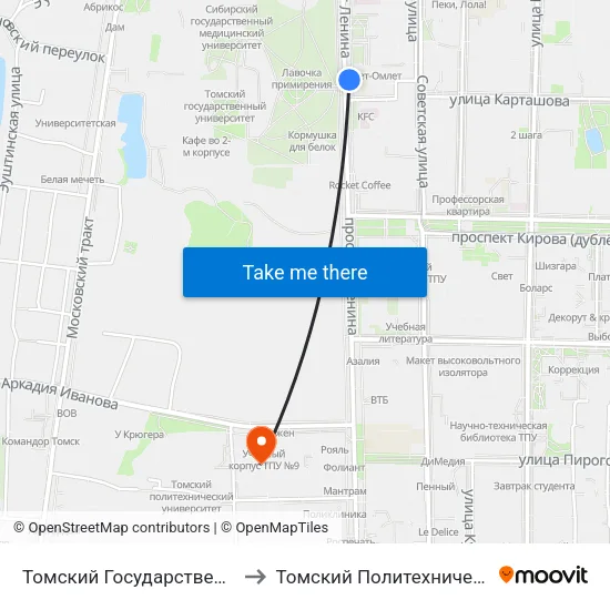 Томский Государственный Университет to Томский Политехнический Университет map