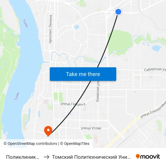 Поликлиника №4 to Томский Политехнический Университет map