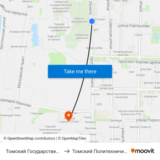 Томский Государственный Университет to Томский Политехнический Университет map