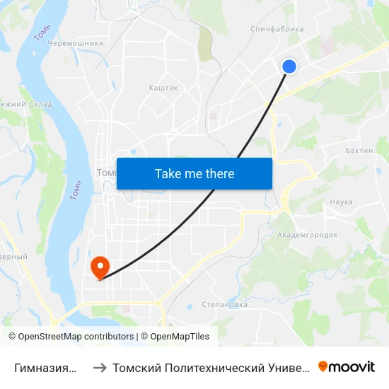 Гимназия№ 13 to Томский Политехнический Университет map