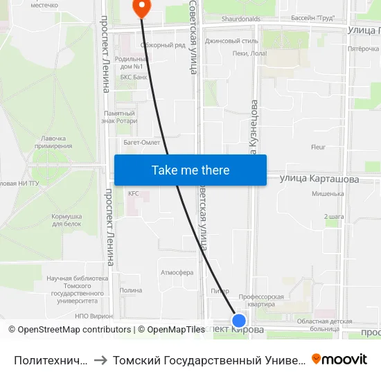 Политехнический Университет to Томский Государственный Университет (Институт Экономики И Менеджмента) map