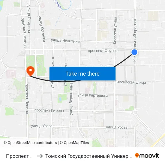 Проспект Комсомольский to Томский Государственный Университет (Институт Экономики И Менеджмента) map