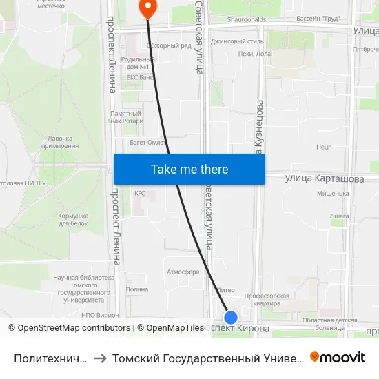 Политехнический Университет to Томский Государственный Университет (Институт Экономики И Менеджмента) map
