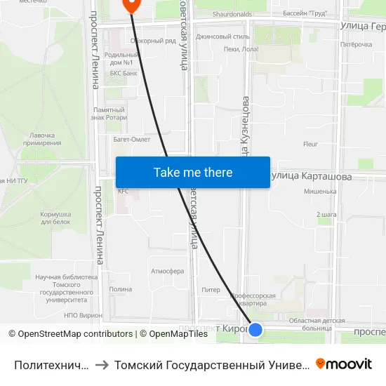 Политехнический Университет to Томский Государственный Университет (Институт Экономики И Менеджмента) map