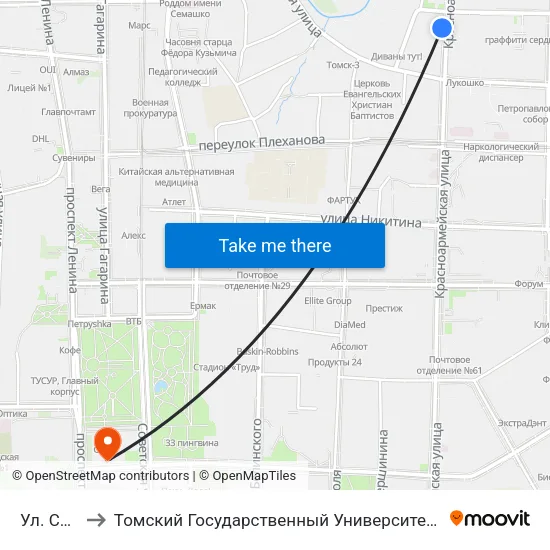 Ул. Сибирская to Томский Государственный Университет (Институт Экономики И Менеджмента) map