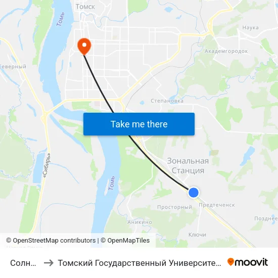 Солнечная Ул. to Томский Государственный Университет (Институт Экономики И Менеджмента) map