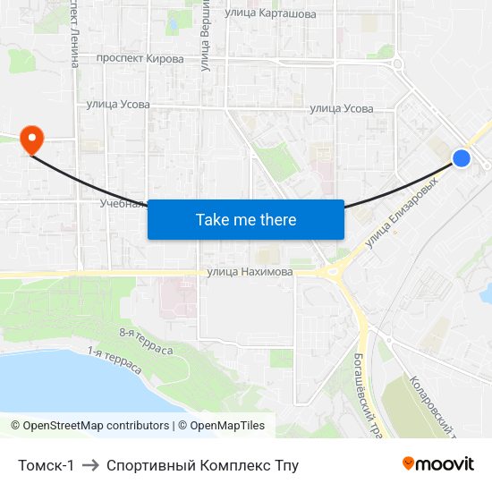 Томск-1 to Спортивный Комплекс Тпу map