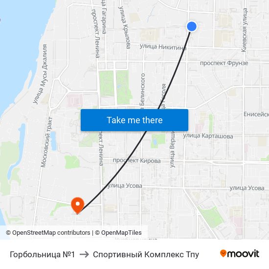 Горбольница №1 to Спортивный Комплекс Тпу map