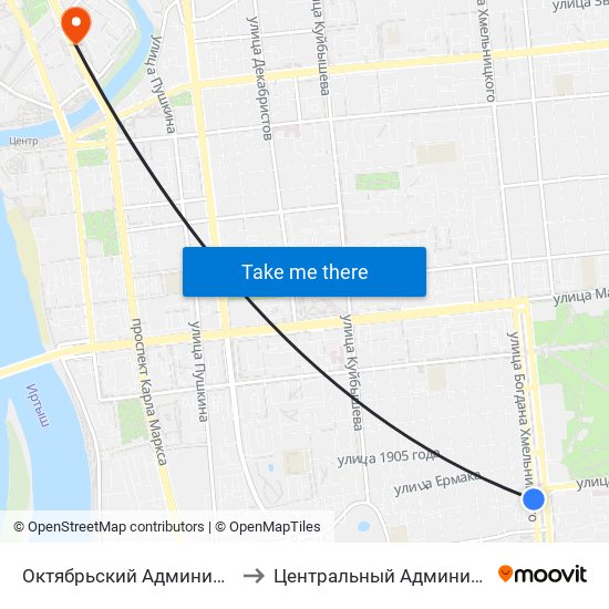 Октябрьский Административный Округ to Центральный Административный Округ map