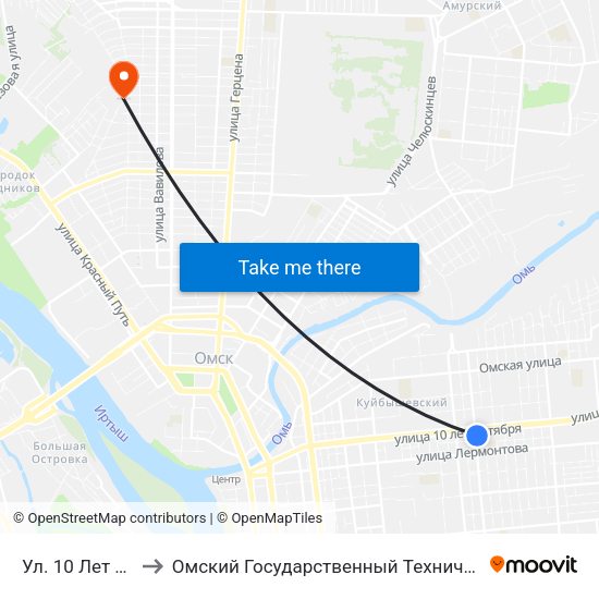 Ул. 10 Лет Октября to Омский Государственный Технический Университет map