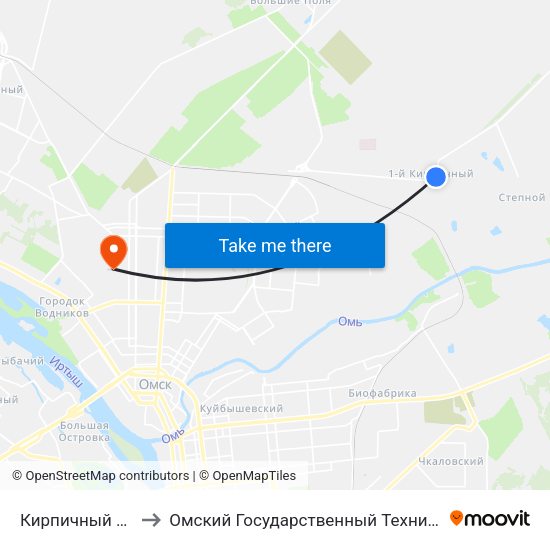 Кирпичный Завод №1 to Омский Государственный Технический Университет map