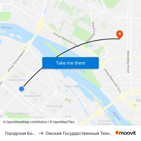 Городская Больница №1 to Омский Государственный Технический Университет map