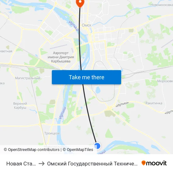 Новая Станица-1 to Омский Государственный Технический Университет map