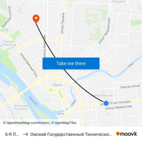 6-Я Линия to Омский Государственный Технический Университет map