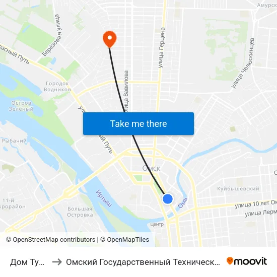 Дом Туриста to Омский Государственный Технический Университет map
