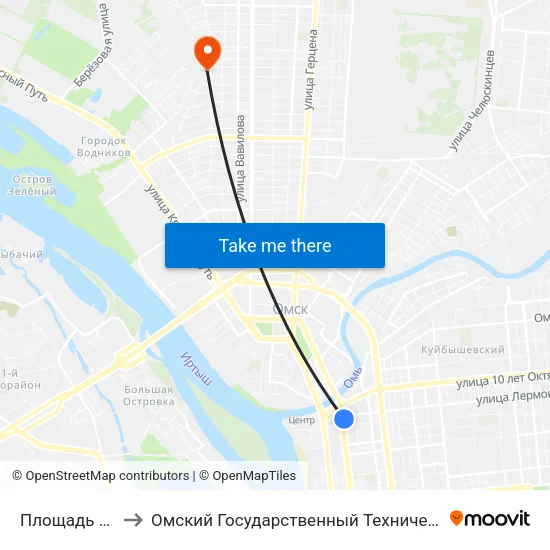 Площадь Ленина to Омский Государственный Технический Университет map