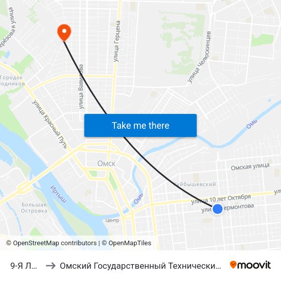 9-Я Линия to Омский Государственный Технический Университет map