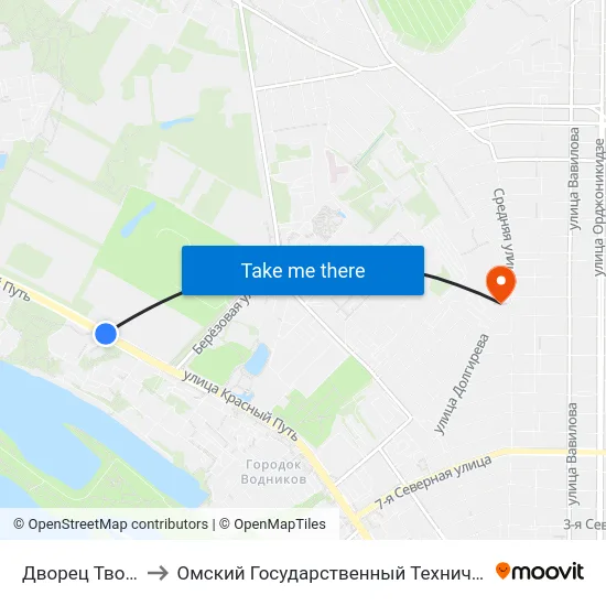 Дворец Творчества to Омский Государственный Технический Университет map