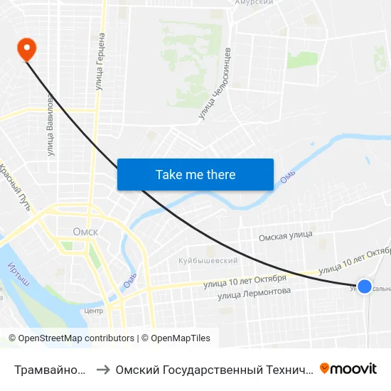 Трамвайное Кольцо to Омский Государственный Технический Университет map