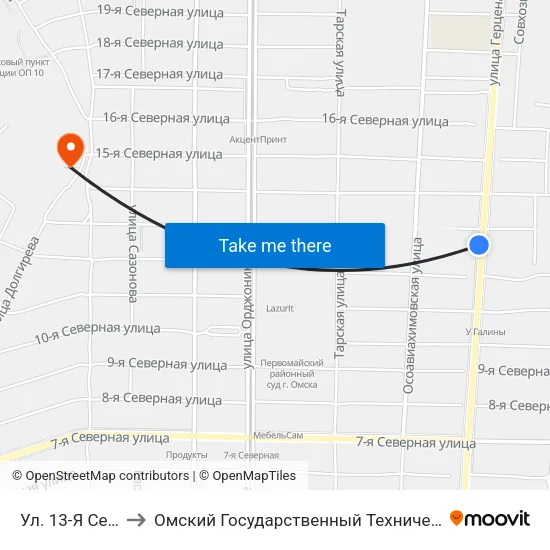 Ул. 13-Я Северная to Омский Государственный Технический Университет map