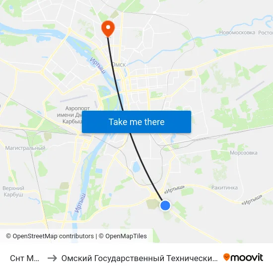 Снт Маяк-1 to Омский Государственный Технический Университет map