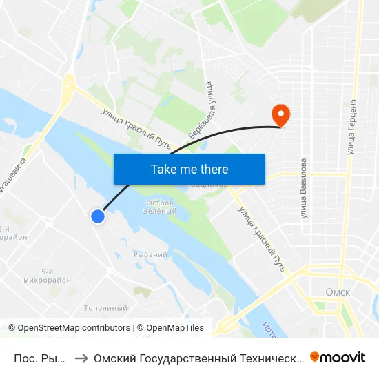 Пос. Рыбачий to Омский Государственный Технический Университет map