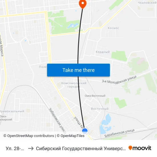 Ул. 28-Я Рабочая to Сибирский Государственный Университет Физической Культуры И Спорта map