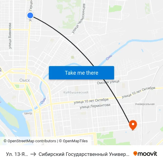 Ул. 13-Я Северная to Сибирский Государственный Университет Физической Культуры И Спорта map
