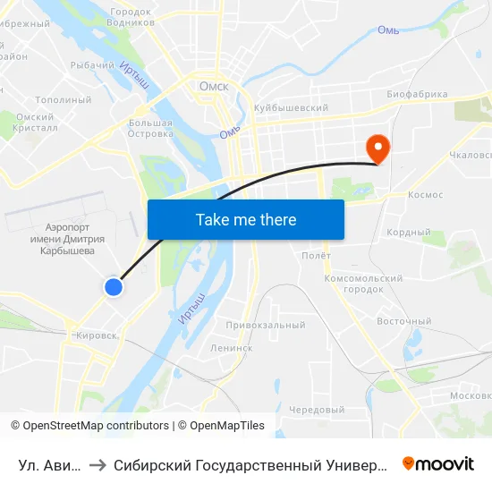 Ул. Авиационная to Сибирский Государственный Университет Физической Культуры И Спорта map