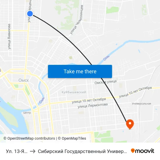 Ул. 13-Я Северная to Сибирский Государственный Университет Физической Культуры И Спорта map