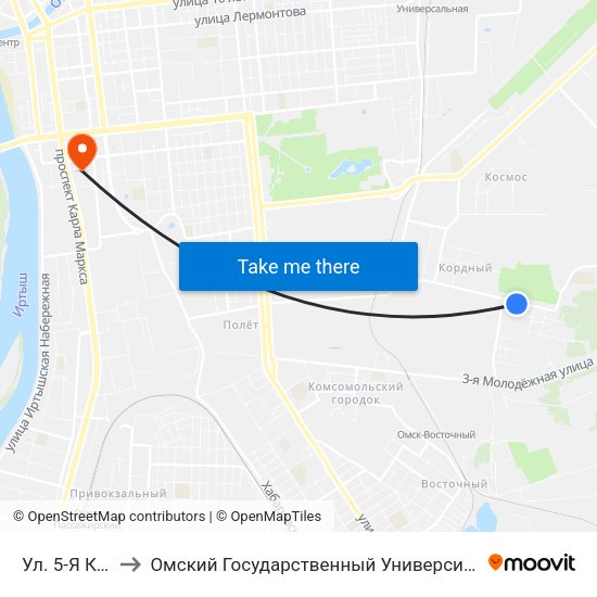 Ул. 5-Я Кордная to Омский Государственный Университет Путей Сообщения map