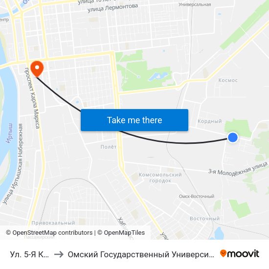 Ул. 5-Я Кордная to Омский Государственный Университет Путей Сообщения map