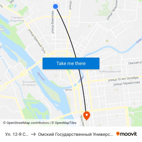 Ул. 12-Я Северная to Омский Государственный Университет Путей Сообщения map