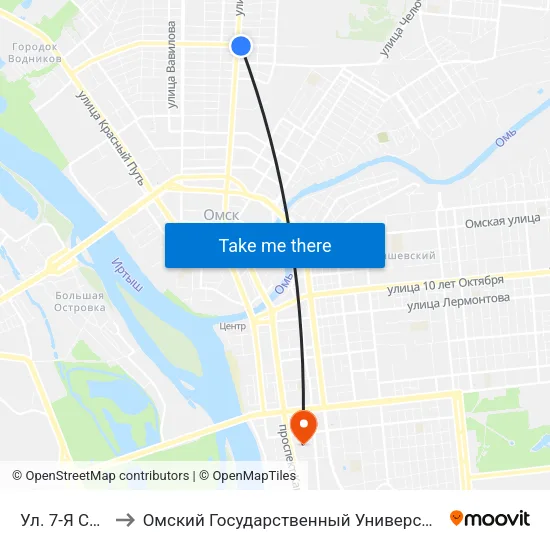 Ул. 7-Я Северная to Омский Государственный Университет Путей Сообщения map
