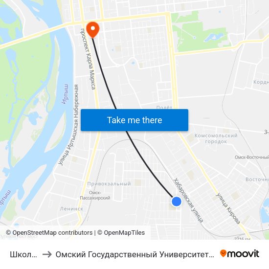 Школьная to Омский Государственный Университет Путей Сообщения map