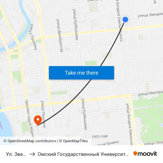 Ул. Звездова to Омский Государственный Университет Путей Сообщения map