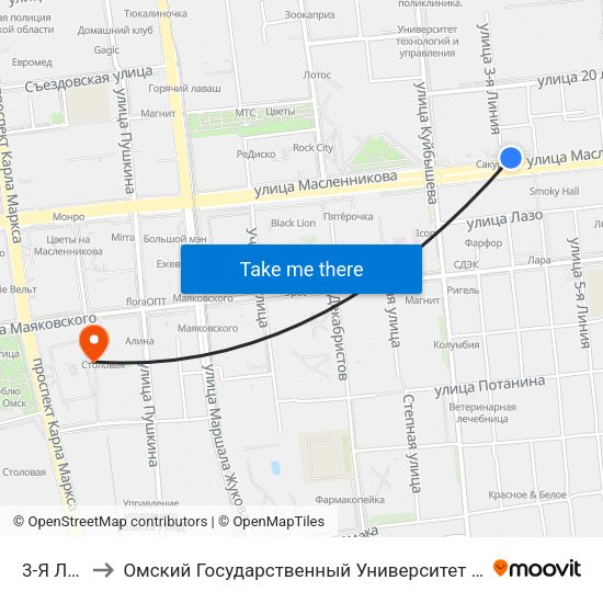3-Я Линия to Омский Государственный Университет Путей Сообщения map