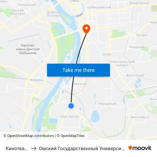 Кинотеатр Мир to Омский Государственный Университет Путей Сообщения map