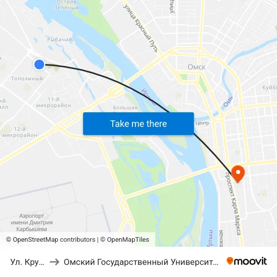 Ул. Крупской to Омский Государственный Университет Путей Сообщения map