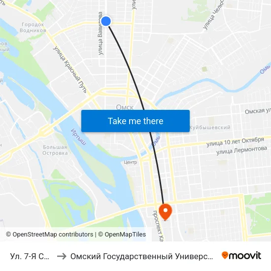 Ул. 7-Я Северная to Омский Государственный Университет Путей Сообщения map