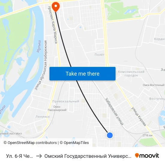 Ул. 6-Я Чередовая to Омский Государственный Университет Путей Сообщения map