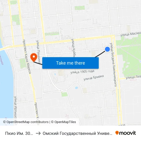 Пкио Им. 30 Лет Влксм to Омский Государственный Университет Путей Сообщения map