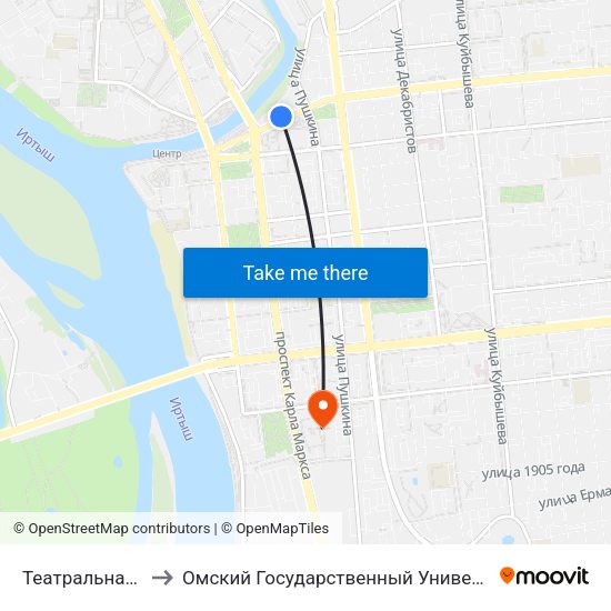 Театральная Площадь to Омский Государственный Университет Путей Сообщения map