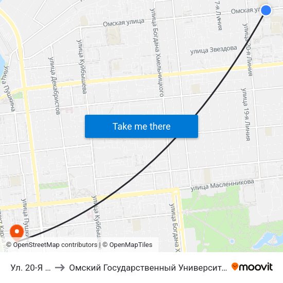Ул. 20-Я Линия to Омский Государственный Университет Путей Сообщения map
