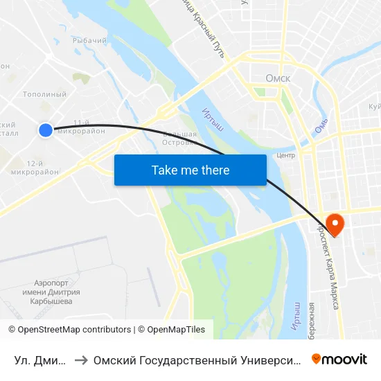 Ул. Дмитриева to Омский Государственный Университет Путей Сообщения map