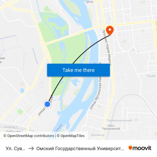 Ул. Суворова to Омский Государственный Университет Путей Сообщения map