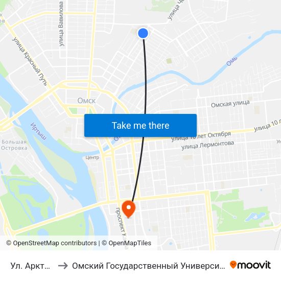 Ул. Арктическая to Омский Государственный Университет Путей Сообщения map